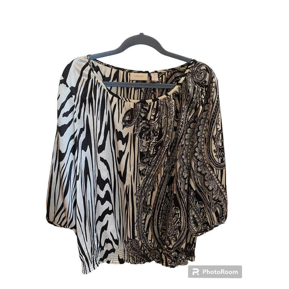 Chicos Muti Pattern Long-Sleeve Black&White Top. Sz.2 = L/12